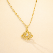 Gold Finish Crown Crystal Pendant Necklace for Women | Elegant Royal Design Jewellery
