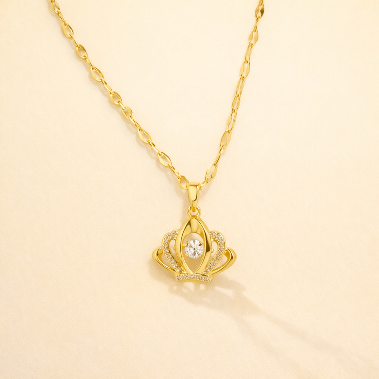 Gold Finish Crown Crystal Pendant Necklace for Women | Elegant Royal Design Jewellery