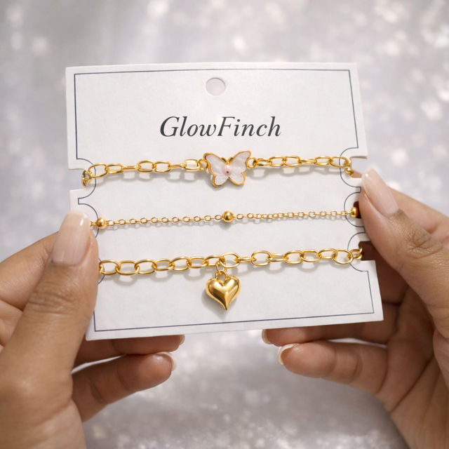 Gold Finish Charm Bracelet for Women – Butterfly Heart 3 in 1