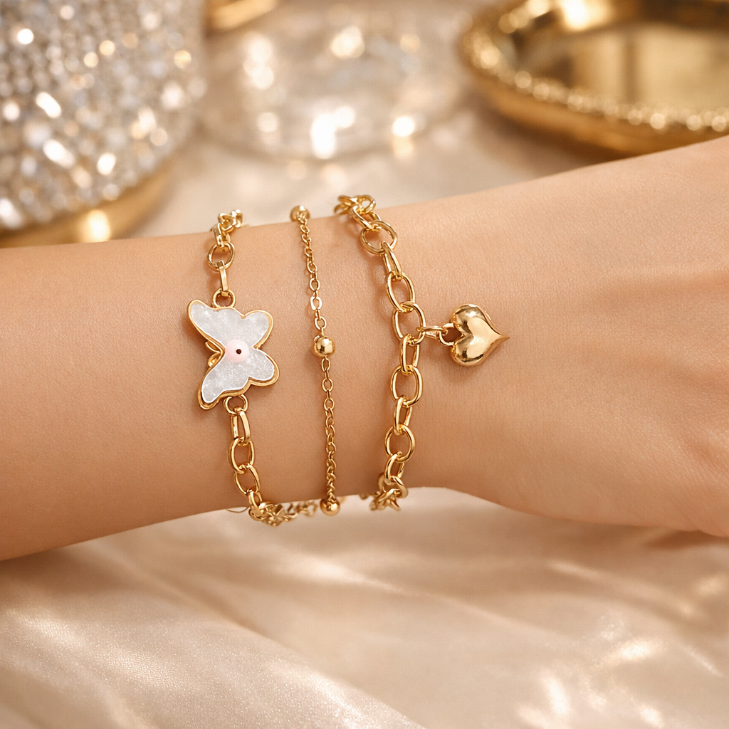 Gold finish Charm Bracelet for Women – Butterfly Heart 3 in 1