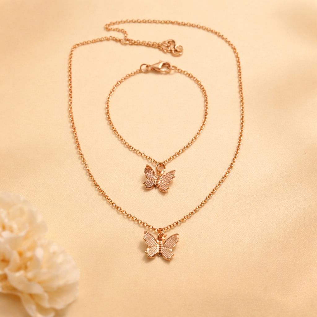 Rose Gold Finish Butterfly Necklace & Bracelet Set for Women