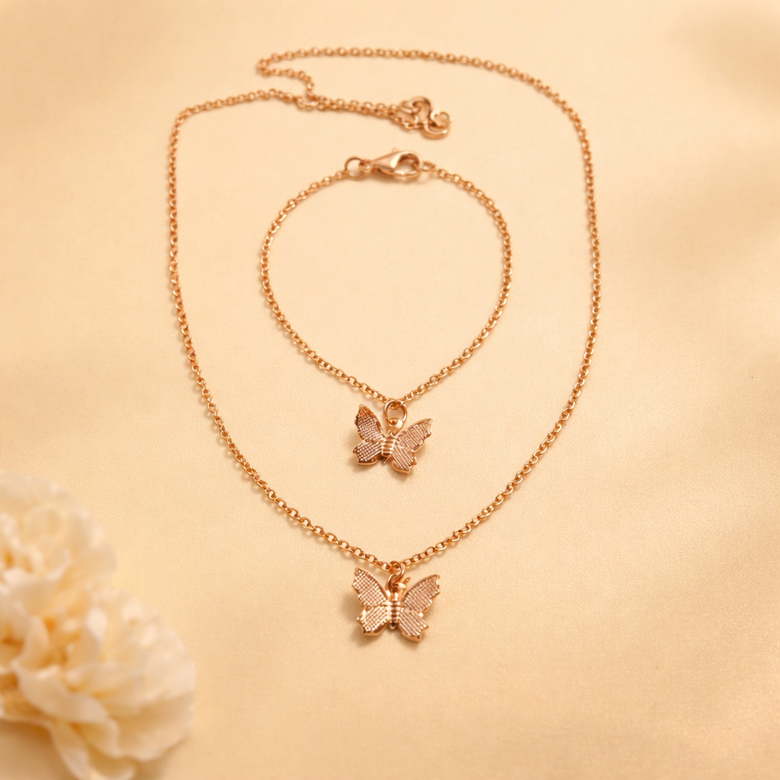 Rose Gold Finish Butterfly Necklace & Bracelet Set for Women
