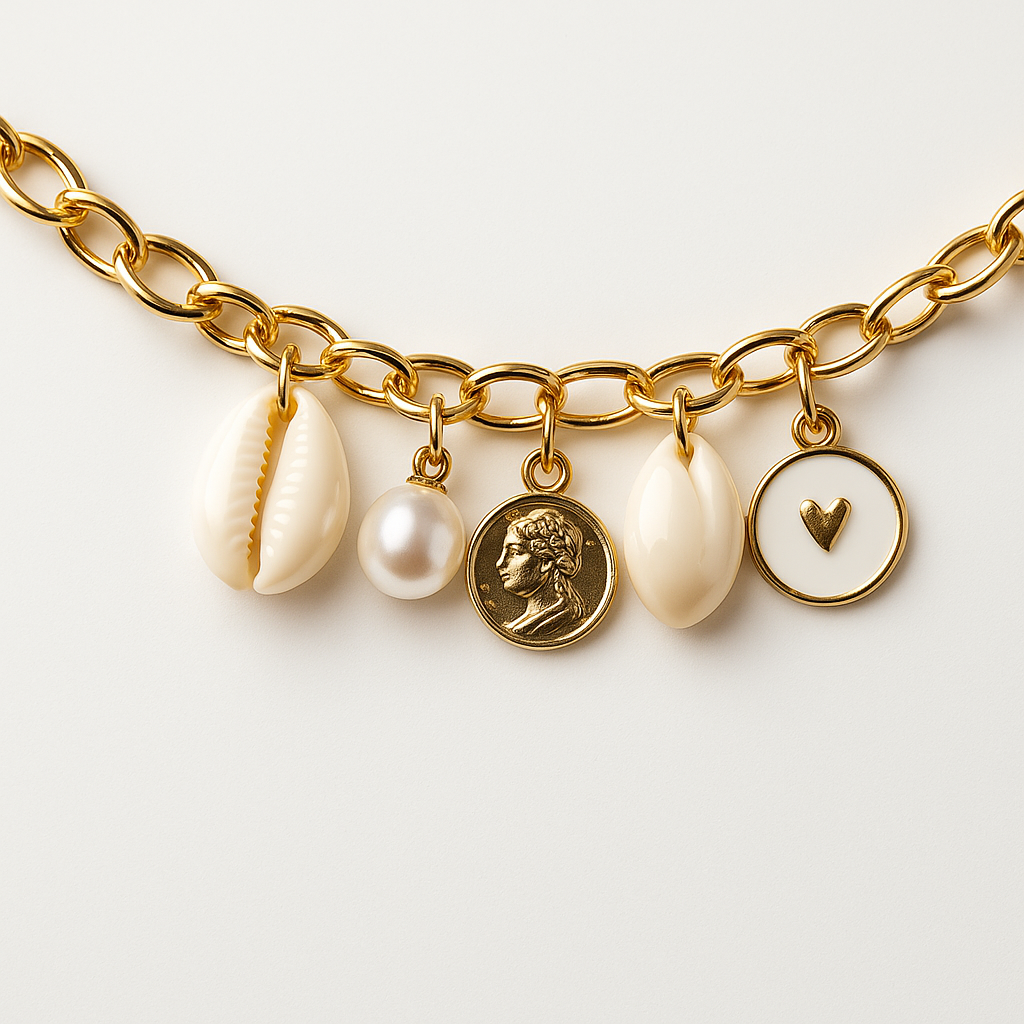 GlowFinch Gold finish Cowrie Pearl & Coin Charm Bracelet for Women | Trendy Daily Jewellery