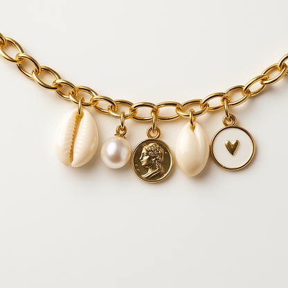 GlowFinch Gold finish Cowrie Pearl & Coin Charm Bracelet for Women | Trendy Daily Jewellery