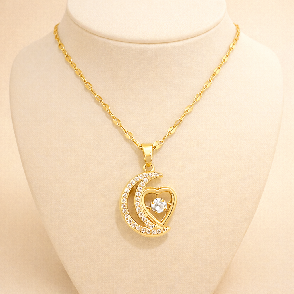 Gold finish Crescent Moon Heart Crystal Pendant Necklace for Women
