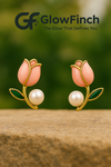 Pink Tulip Blossom Pearl Stud Earrings for Women | Elegant Floral Jewellery
