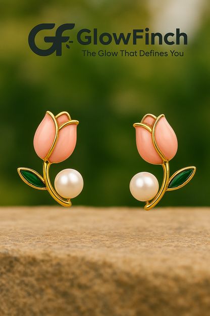 Pink Tulip Blossom Pearl Stud Earrings for Women | Elegant Floral Jewellery