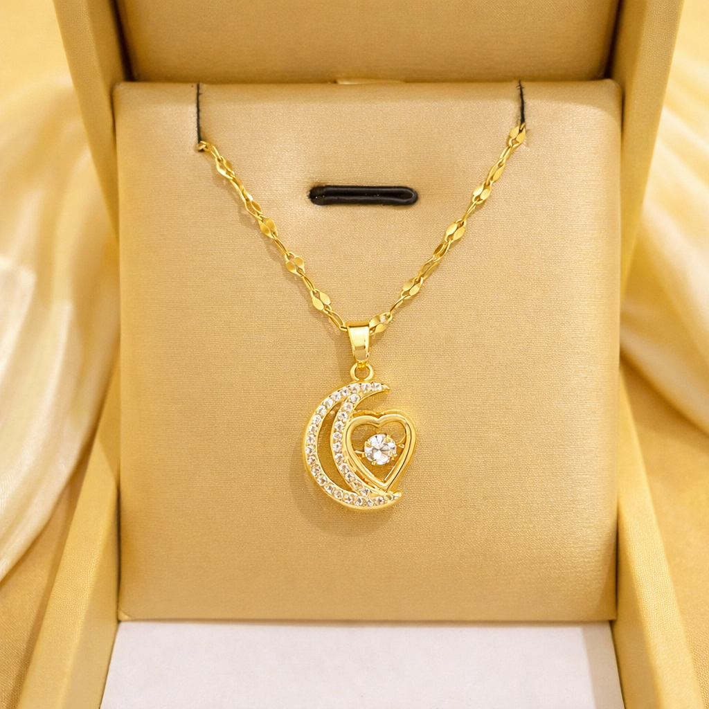 Gold finish Crescent Moon Heart Crystal Pendant Necklace for Women