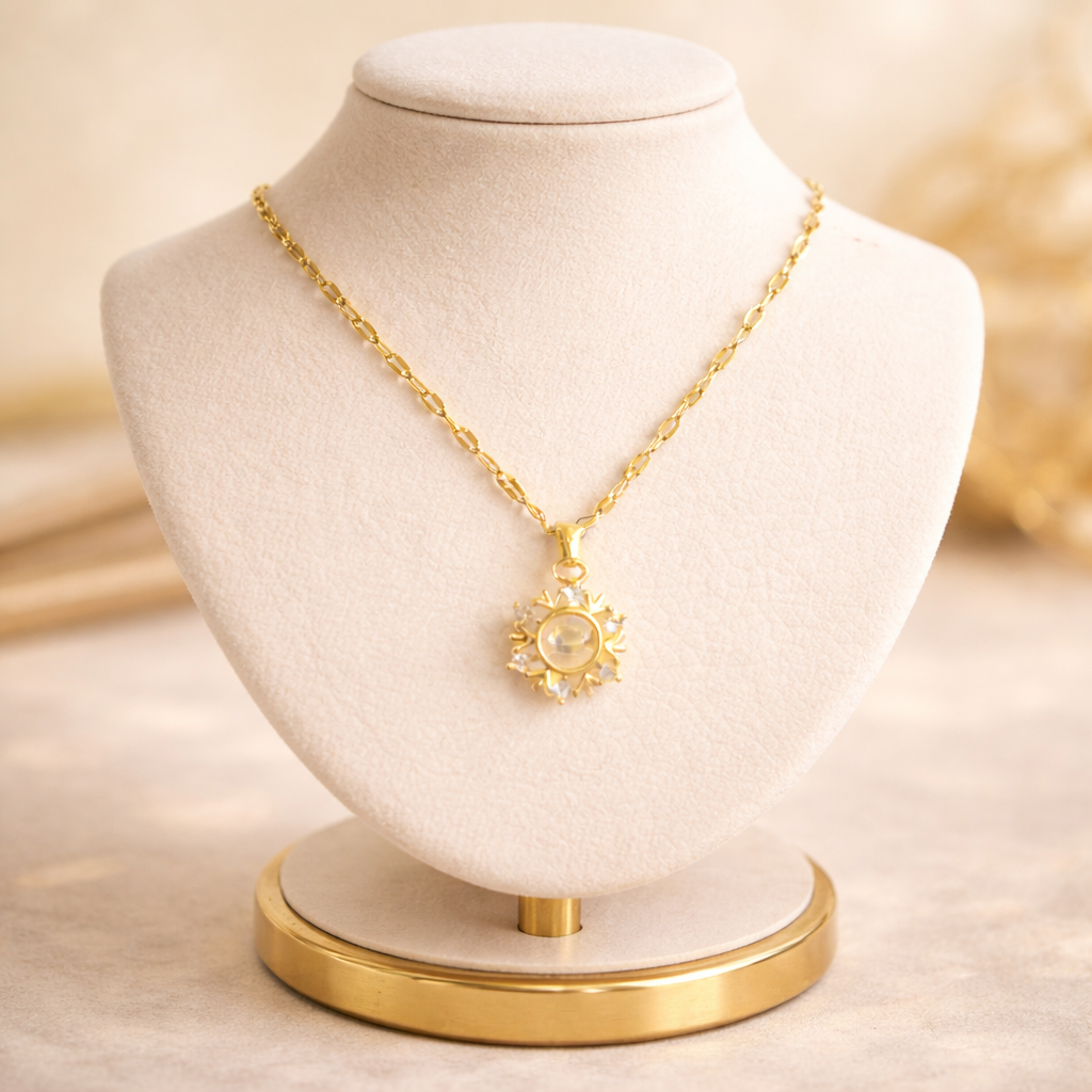 Gold Finish Sunburst Crystal Pendant Necklace for Women
