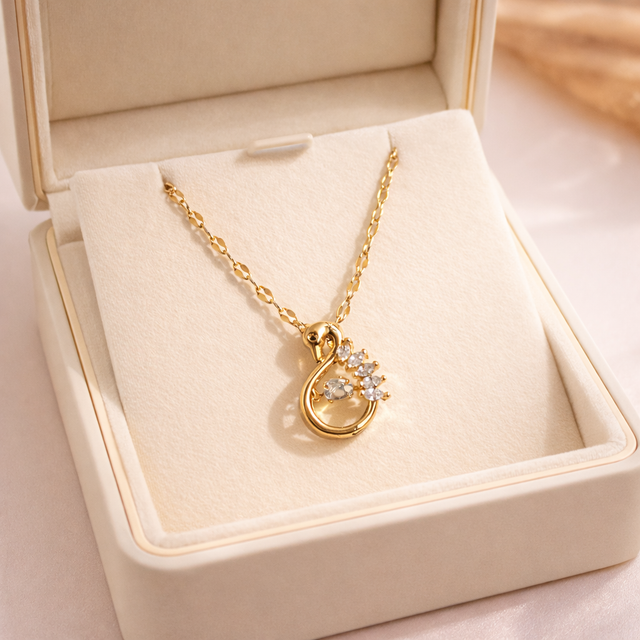 Gold Finish Swan Pendant Necklace for Women with Crystal Stones
