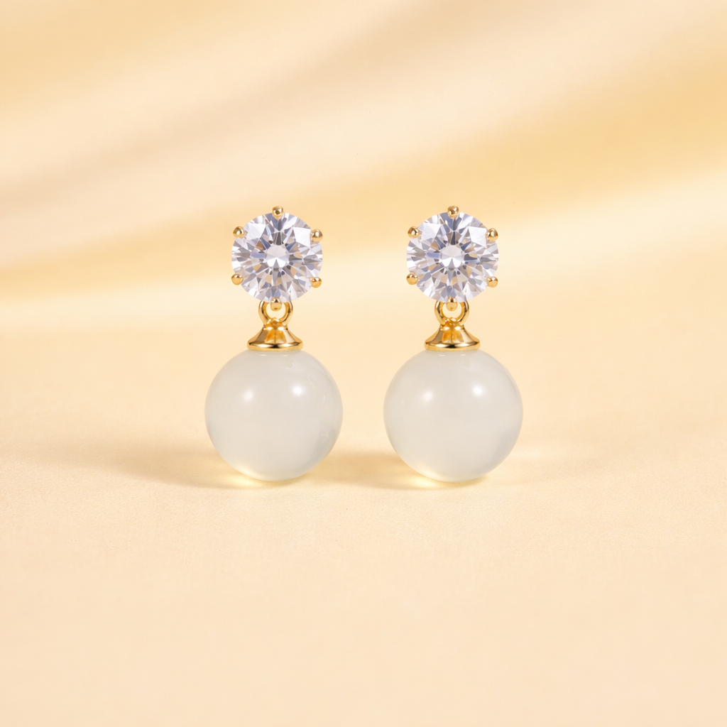 Gold Finish Pearl Drop Earrings for Women with Crystal Stud