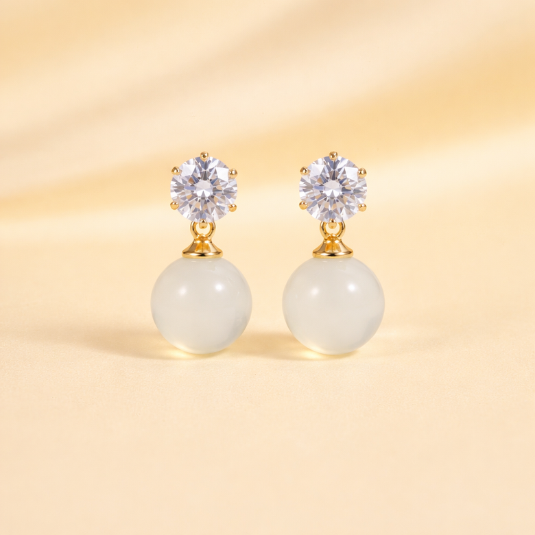 Gold Finish Pearl Drop Earrings for Women with Crystal Stud