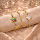 Gold Finish Turtle & Clover Bracelet for Women 3 in 1