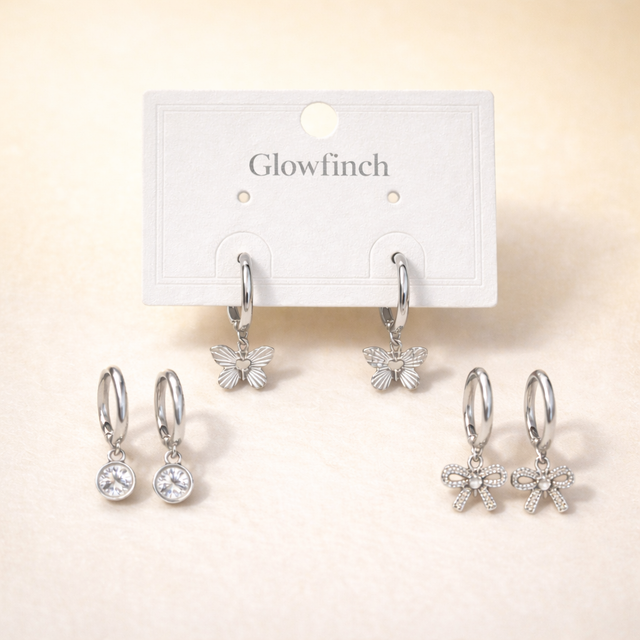 Silver Butterfly & Charm Hoop Earrings for Women pack of 3