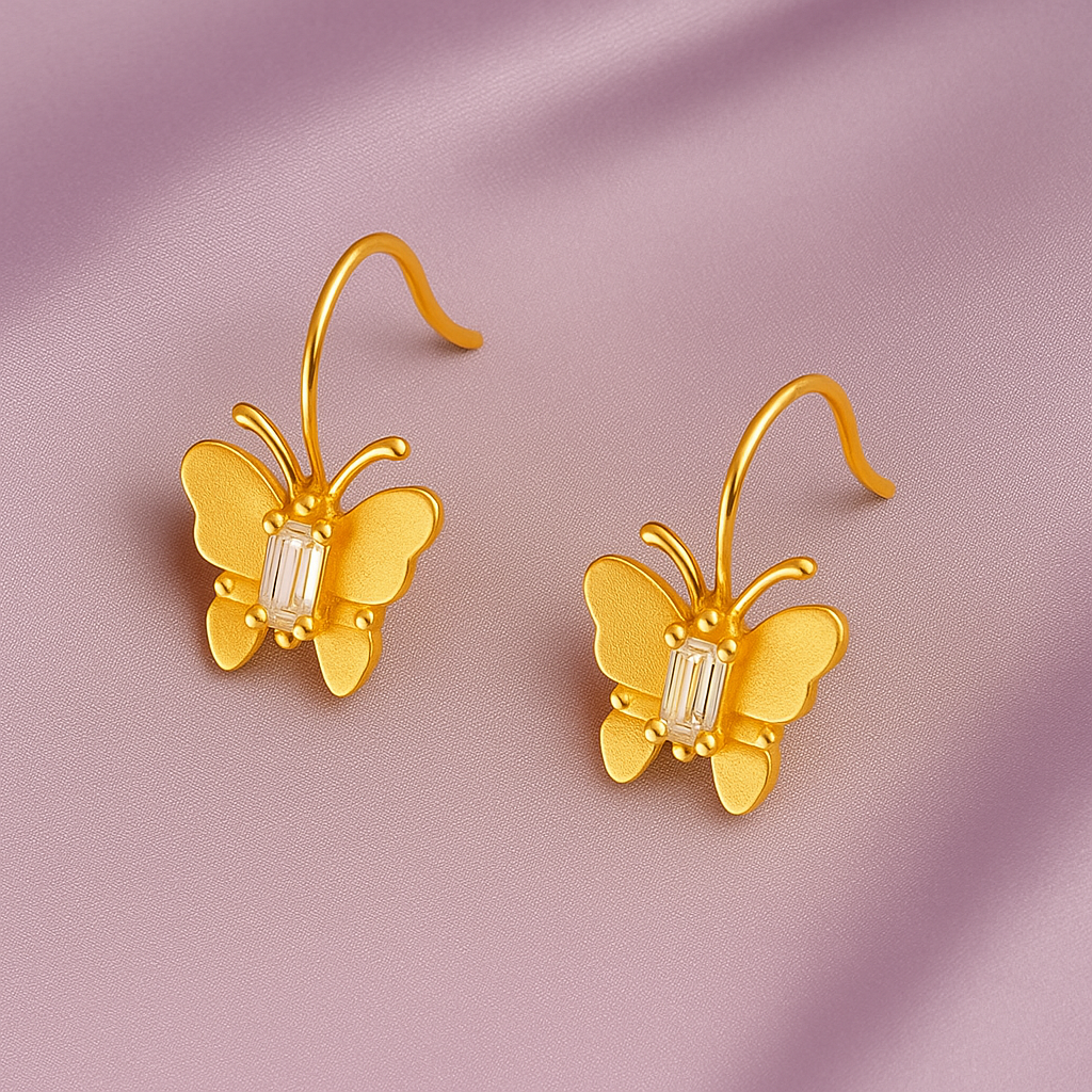 Gold Butterfly Hook Earrings for Women with Crystal Center