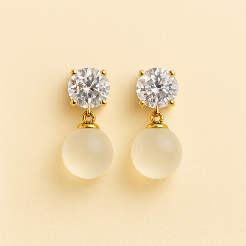 Silver Crystal Stud Earrings with Frosted Stone Drop - Sparkling & Elegant