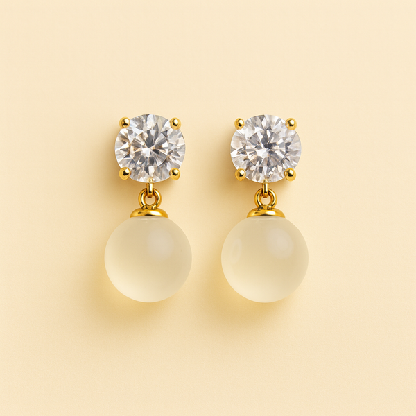 Silver Crystal Stud Earrings with Frosted Stone Drop - Sparkling & Elegant