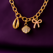 Gold Charm Bracelet Set with Shell, Bow & Bead Chain (Pack of 2)