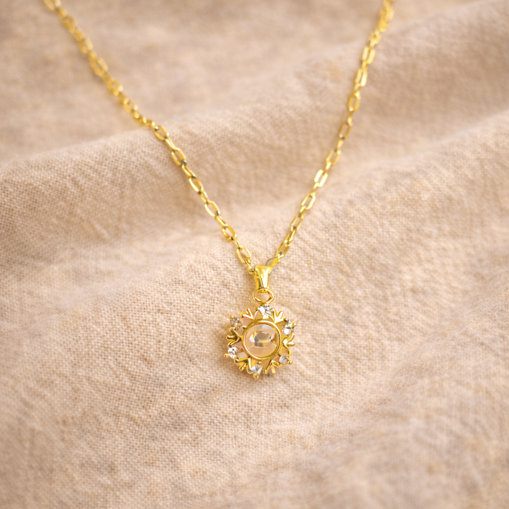 Gold Finish Sunburst Crystal Pendant Necklace for Women