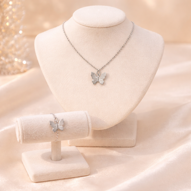 Silver Butterfly Pendant Necklace Set for Women | Elegant Jewelry Gift