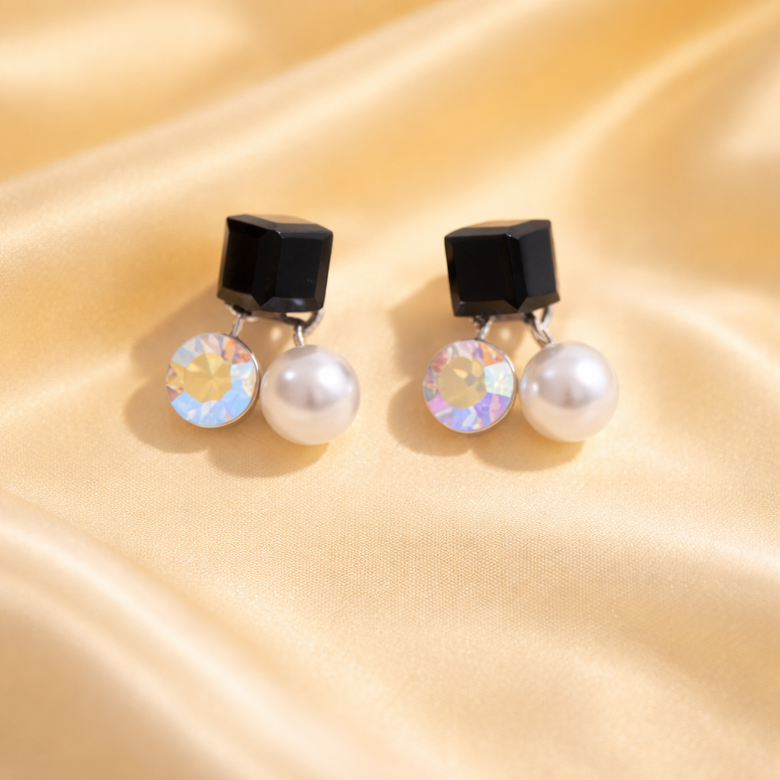 Black Crystal Pearl Drop Earrings for Women | Elegant Jewelry
