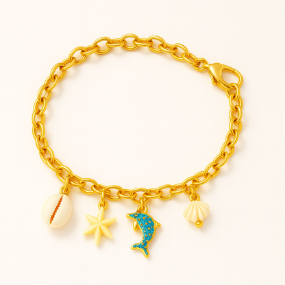 GlowFinch Gold finish Ocean Charm Bracelet for Women | Dolphin, Shell & Starfish Charms