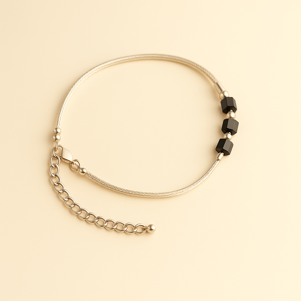 Minimalist Silver Finish Bracelet with Black Cube Beads | Adjustable Chain for Women