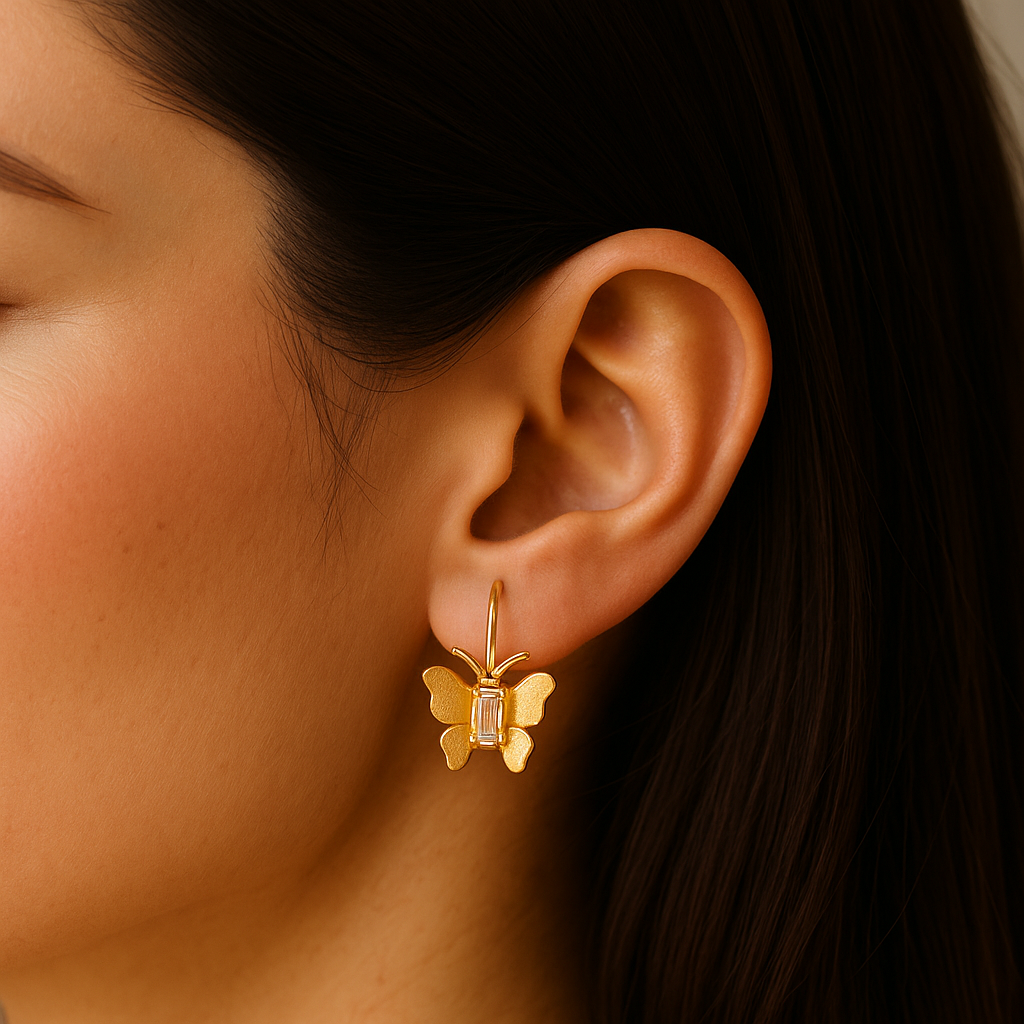 Gold Butterfly Hook Earrings for Women with Crystal Center