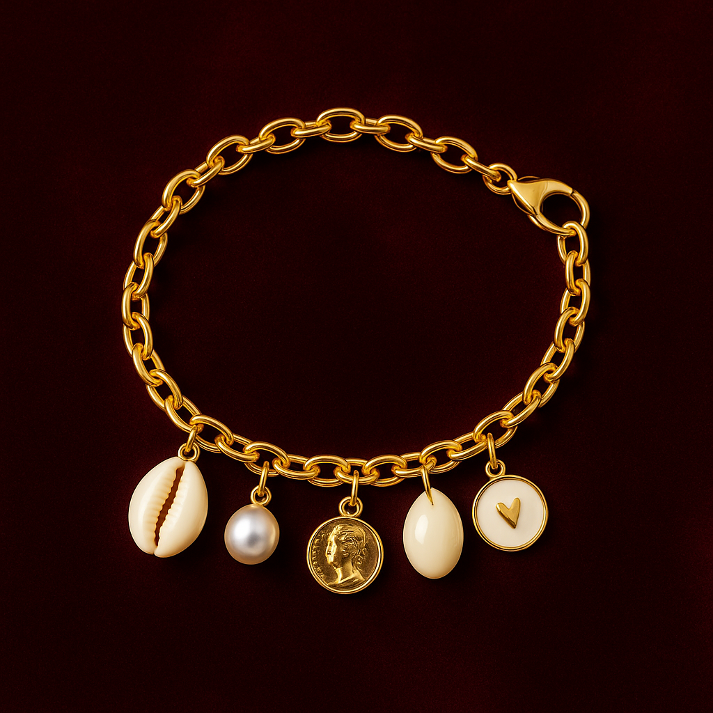 GlowFinch Gold finish Cowrie Pearl & Coin Charm Bracelet for Women | Trendy Daily Jewellery