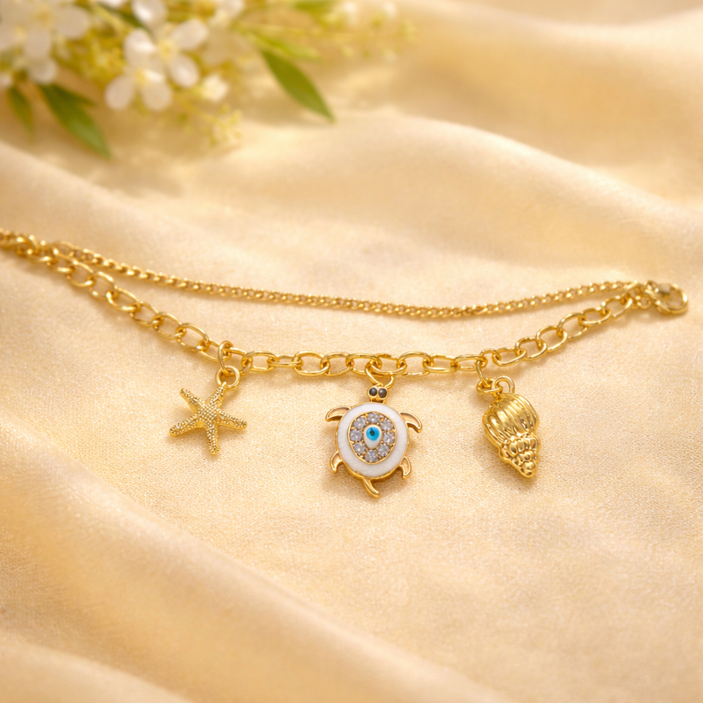 Gold Finish Charm Bracelet for Women with Evil Eye 2 in 1