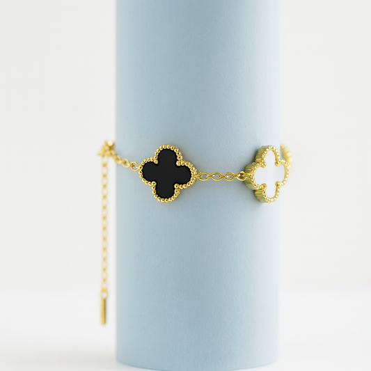 Black & White Clover Charm Bracelet for Women | Gold-Plated Enamel Jewellery