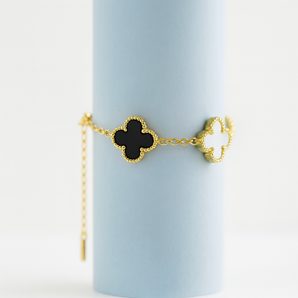 Black & White Clover Charm Bracelet for Women | Gold-Plated Enamel Jewellery