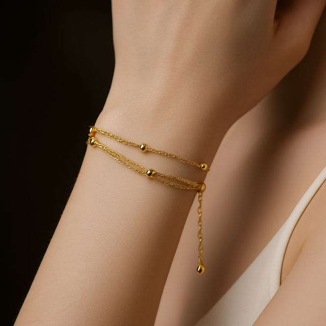 Gold Finish Multi-Layer Bracelet for Women | Delicate Beaded Chain Elegant Bracelet
