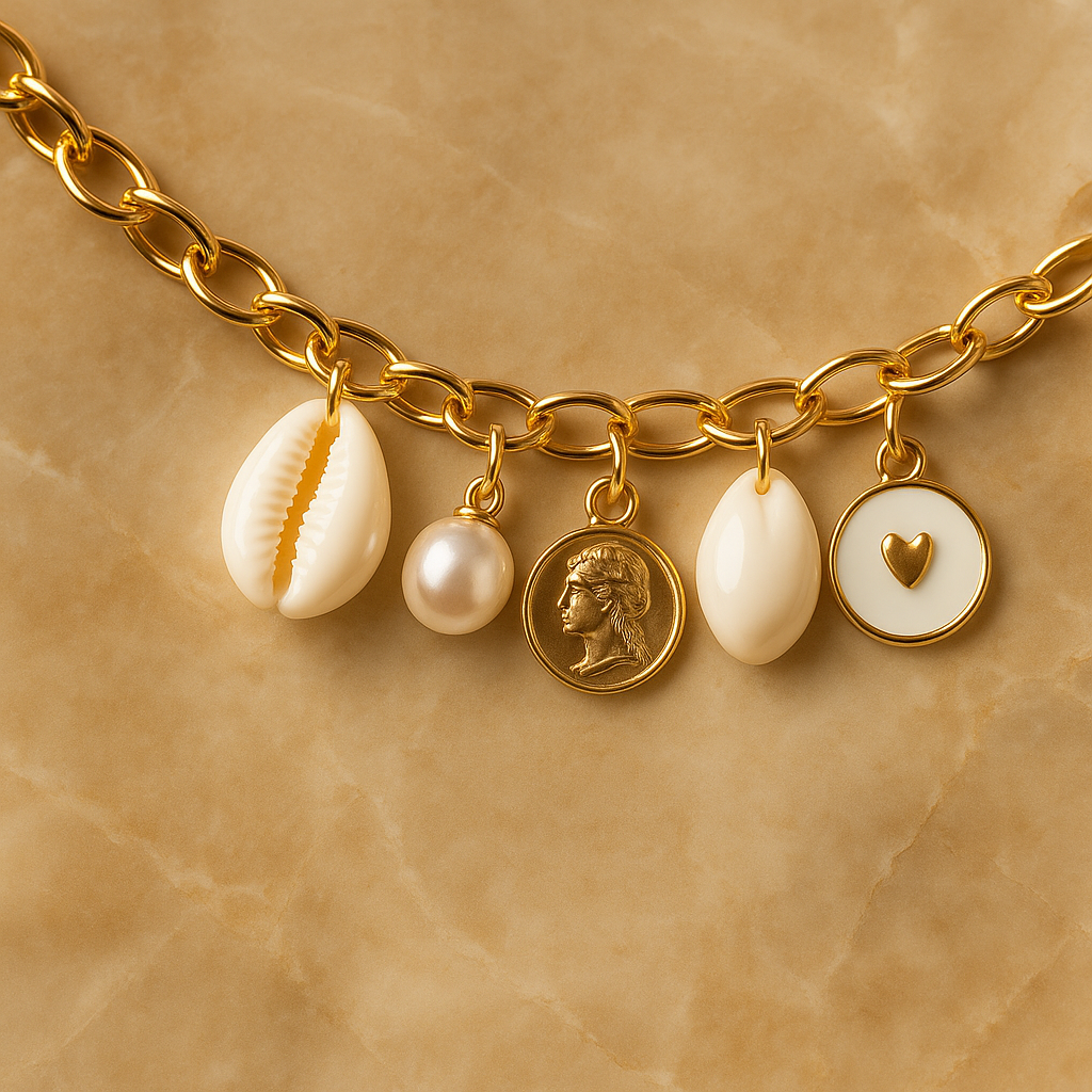 GlowFinch Gold finish Cowrie Pearl & Coin Charm Bracelet for Women | Trendy Daily Jewellery