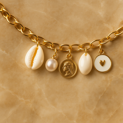 GlowFinch Gold finish Cowrie Pearl & Coin Charm Bracelet for Women | Trendy Daily Jewellery
