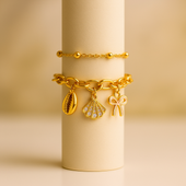 Gold Charm Bracelet Set with Shell, Bow & Bead Chain (Pack of 2)
