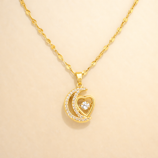 Gold finish Crescent Moon Heart Crystal Pendant Necklace for Women