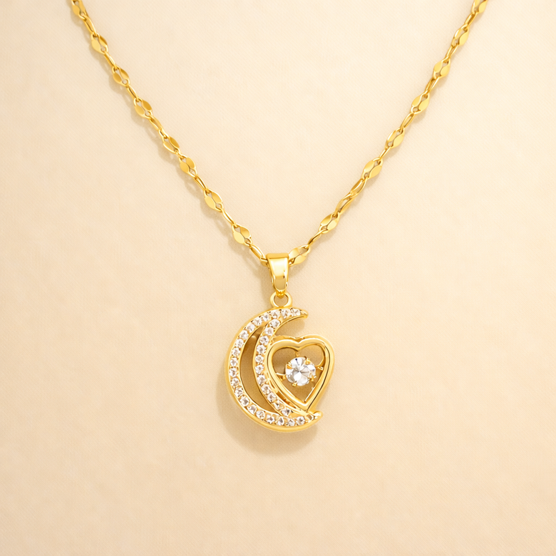 Gold Finish Crescent Moon Heart Crystal Pendant Necklace for Women