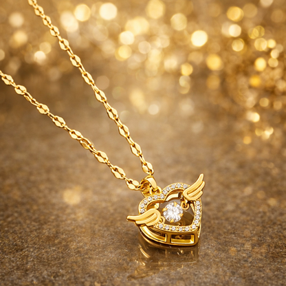 GlowFinch Gold finish Angel Wing Heart Crystal Pendant Necklace for Women | Symbol of Love & Protection
