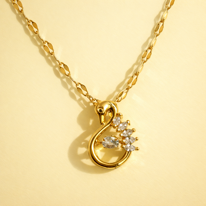 Gold Finish Swan Pendant Necklace for Women with Crystal Stones