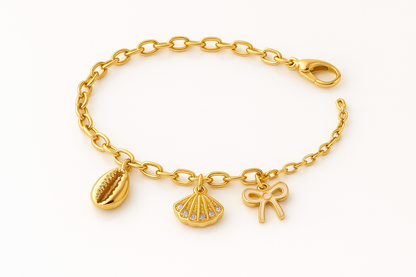 Gold chram Bracelet Set with Shell, Bow & Bead Chain (Pack of 2)