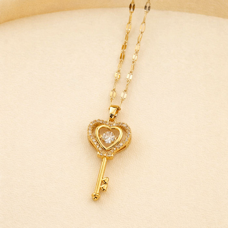Gold Finish Heart Key Pendant Necklace for Women