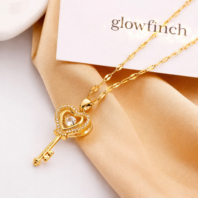 Gold Finish Heart Key Pendant Necklace for Women