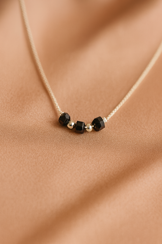 Minimalist Silver Finish Bracelet with Black Cube Beads | Adjustable Chain for Women