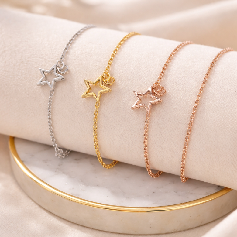 Star Charm Bracelets for Women - Gold, Silver & Rose Gold Combo Pack
