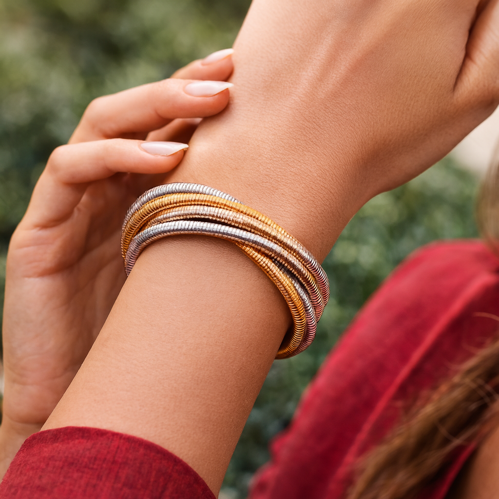 Multi-Tone Twisted Wire Bangle Bracelet for Women – Gold, Silver & Rose Mix