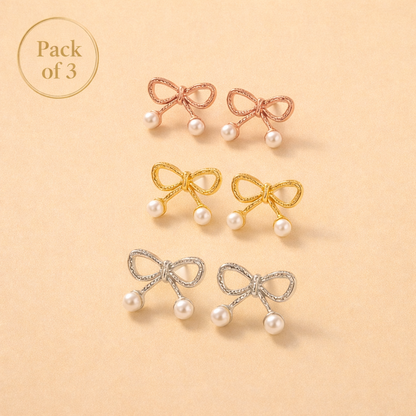 Bow Pearl Stud Earrings for Women Gold finish (Pack of 3)