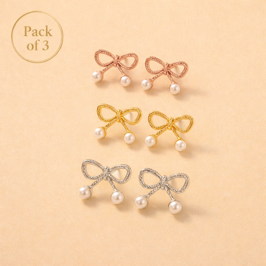 Bow Pearl Stud Earrings for Women Gold finish (Pack of 3)