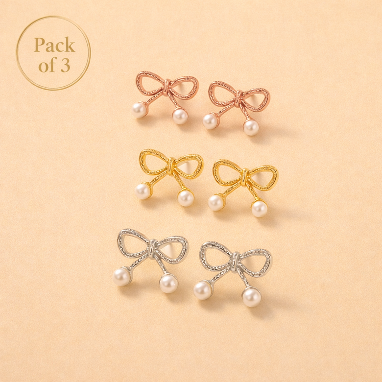 Bow Pearl Stud Earrings for Women Gold Finish (Pack of 3)