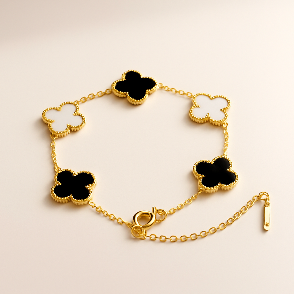 Black & White Clover Charm Bracelet for Women | Gold-Plated Enamel Jewellery